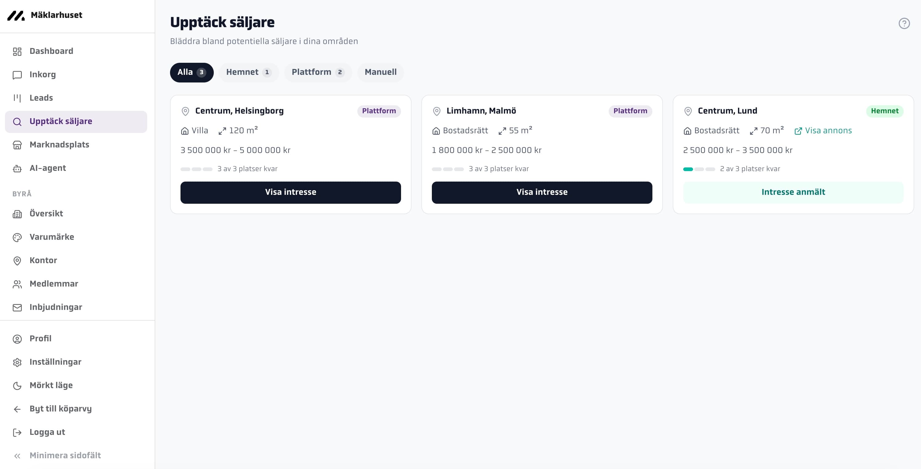 Mäklardashboard med leads, förslag och AI-assistent
